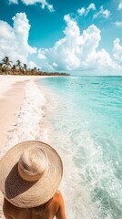 Portrait of a Woman Wearing a Straw Hat Walking Along a Beautiful Tropical Beach With Turquoise Water And Blue Sky