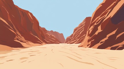 A scenic illustration of a wide canyon under a clear blue sky