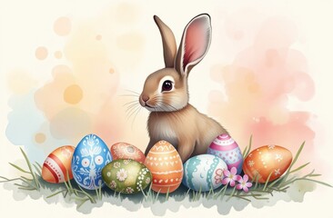 Happy Easter concept with colorful eggs and bunny among flowers in spring time
