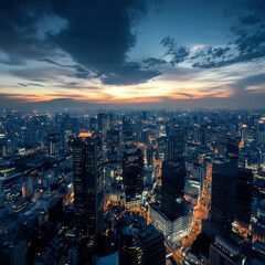 Obraz premium Vibrant cityscape at dusk with a mix of tall and short, illuminated skyscrapers and winding roads, seen from above - AI-Generated