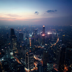 Fototapeta premium Nighttime aerial view of a bustling cityscape with high-rise buildings, lights, roads, and an orange horizon - AI-Generated