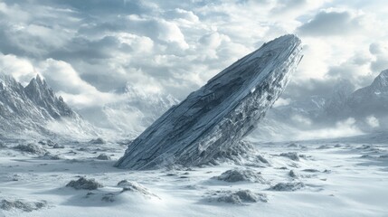 A large stone formation dominates a snowy and cloudy mountainous landscape