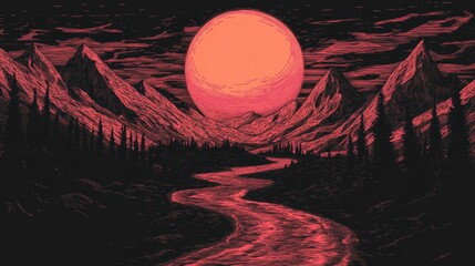 A stunning landscape of mountains river and a large sun in the sky