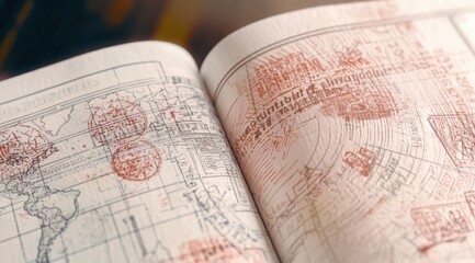 Fototapeta premium Open Passport Pages with Fictional Travel Stamps and World Map Details in Warm Tones
