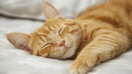 National Pet Day, Adorable Ginger Cat Sleeping Peacefully on Soft Bedding Close Up