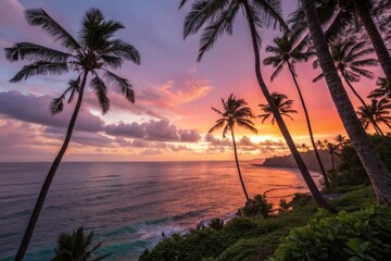 Vibrant Sunset Over Tropical Ocean With Palm Trees Generative AI