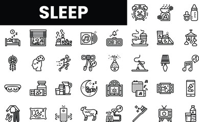 A collection of sleep-related icons and symbols illustrating relaxation and rest.