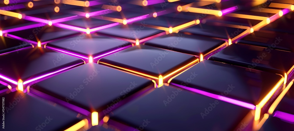Poster backdrop featuring intersecting squares with neon lavender and gold accents – empty template for web