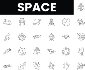 Illustrated space-themed icons including planets, rockets, and astronauts.
