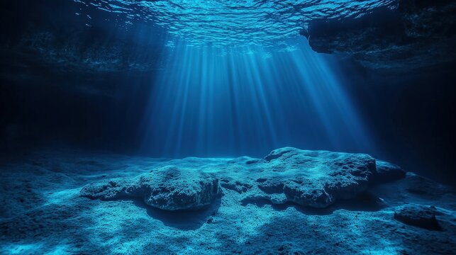 Underwater cavern scene with blue light rays piercing through the surface of the ocean illuminating a seabed, creating a deep, mys