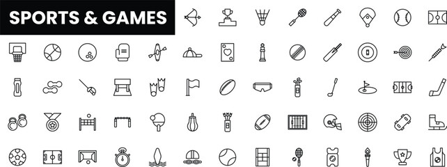 A diverse collection of sports and games icons in a minimalist style.