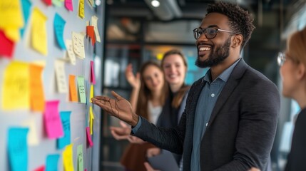Dynamic marketing team brainstorming in a creative office with colorful sticky notes, led by a confident professional in a stylish blazer – teamwork, innovation, and strategy