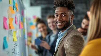 Dynamic marketing team brainstorming in a creative office with colorful sticky notes, led by a confident professional in a stylish blazer – teamwork, innovation, and strategy