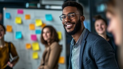 Dynamic marketing team brainstorming in a creative office with colorful sticky notes, led by a confident professional in a stylish blazer – teamwork, innovation, and strategy