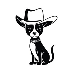 A sleek black and white vector silhouette of a dog wearing a cowboy hat, lying down peacefully on a white background