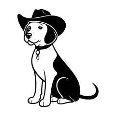 A simple black and white vector silhouette of a dog wearing a cowboy hat, looking off into the distance 