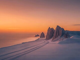 Arctic sunset with snow, and rock formations.
