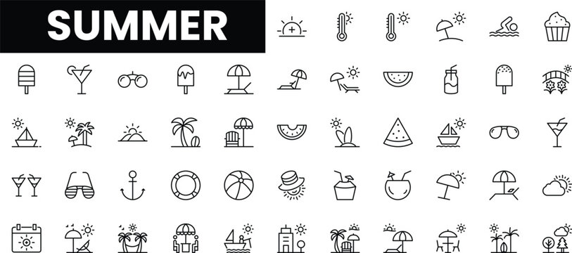 A collection of minimalistic summer icons representing seasonal fun and activities.