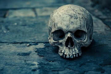 Human Skull Head on Stone Pavement for Gothic Horror Concepts