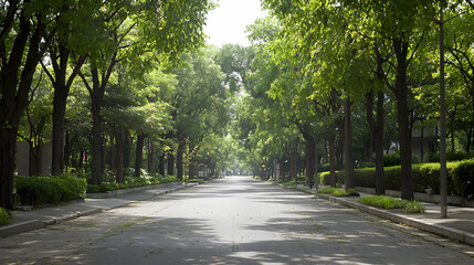 Obraz premium Sunlit Avenue Lined With Green Trees Casting Shadows on Pathway during Summer Day