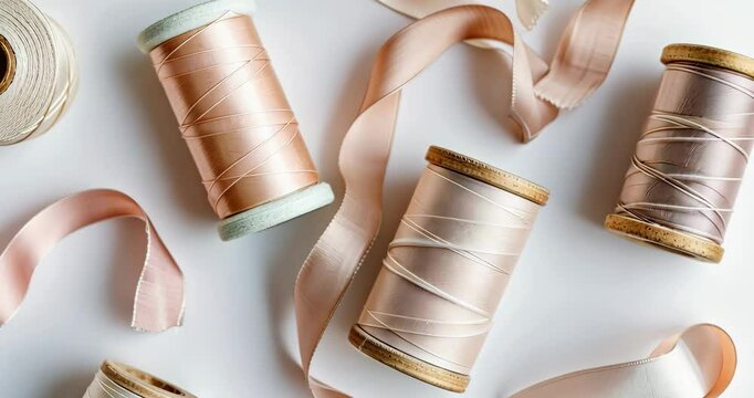 Creating beautiful designs with colorful ribbons and spools of thread for craft projects