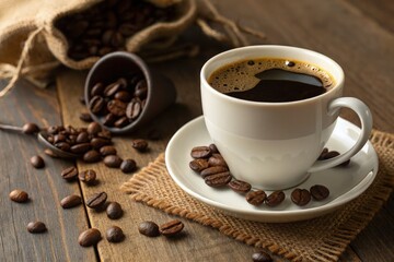 Freshly Brewed Coffee in a Rustic Setting With Beans Generative AI