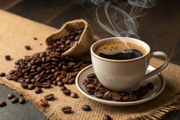 Fototapeta premium Freshly Brewed Coffee With Beans on a Rustic Table Generative AI