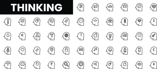 A diverse collection of minimalist icons representing various thinking concepts.