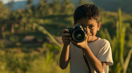 Happy Boy Holding Professional Camera and Looking Through Viewfinder in Nature