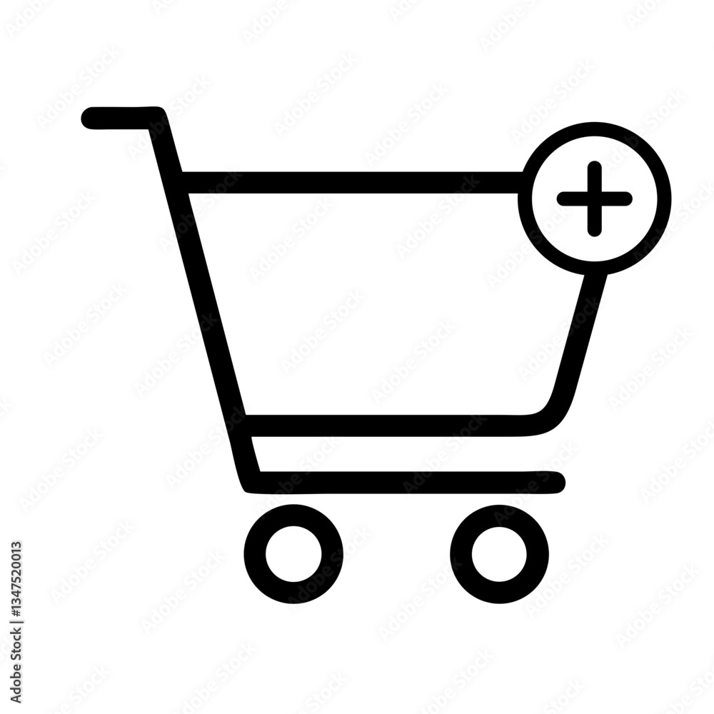 Poster shopping cart icon with plus sign for adding items in e-commerce platforms, retail visuals, and onli