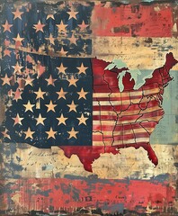 A rustic American flag with a U.S. map overlay, featuring distressed textures and vintage elements. The stars and stripes blend into a bold, patriotic artistic composition.