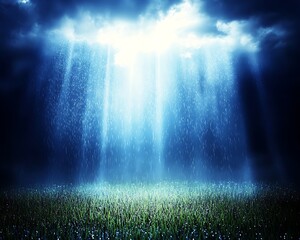 Rain falls through the clouds onto a field