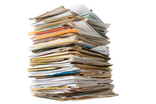 A towering stack of forgotten memories, a chaotic monument to paperwork past, against a stark white backdrop.