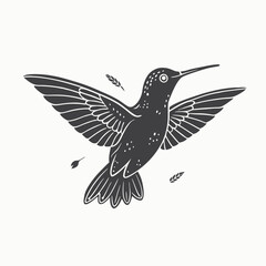 Black silhouette Minimalist black and white silhouette of a hummingbird in flight. Hand drawn animal silhouette illustration