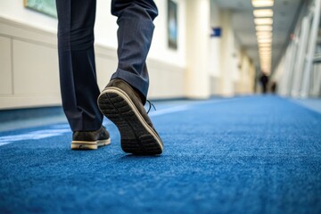 Fototapeta premium Individual Walks on Blue Carpeted Hallway in Modern Building Generative AI