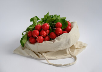 A reusable cotton bag filled with fresh red radishes on a neutral background. A perfect symbol of organic farming, healthy eating, and eco-friendly shopping. Great for food-related designs.