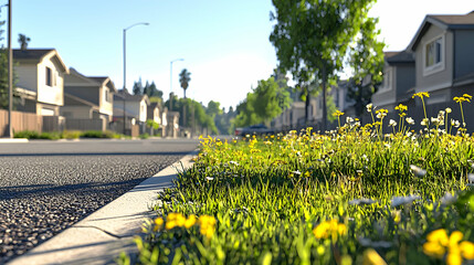 Obraz premium Low Angle View Of Suburban Street Lined With Houses Lush Green Grass And Yellow Wildflowers Under Bright Sunlight