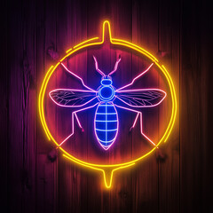 neon mosquito warning sign on dark wooden background

