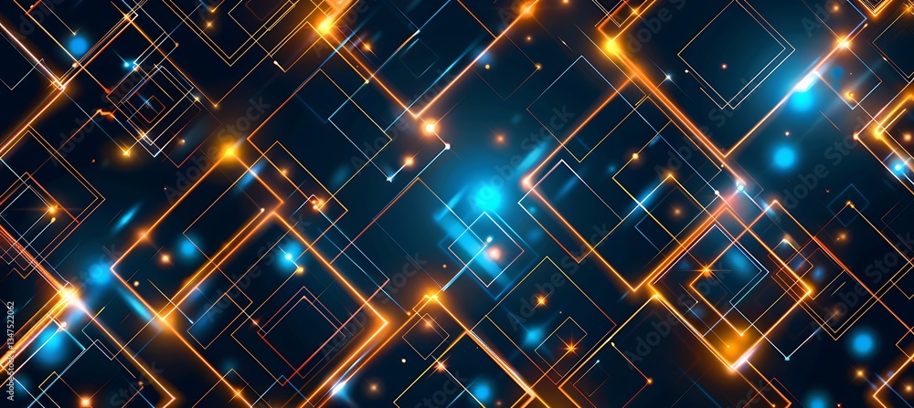 Poster backdrop featuring intersecting squares with neon blue and orange accents – empty template for web b