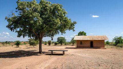 Obraz premium Scenic View of Brick House with Thatched Roof beneath a Large Green Tree in a Sunny Day