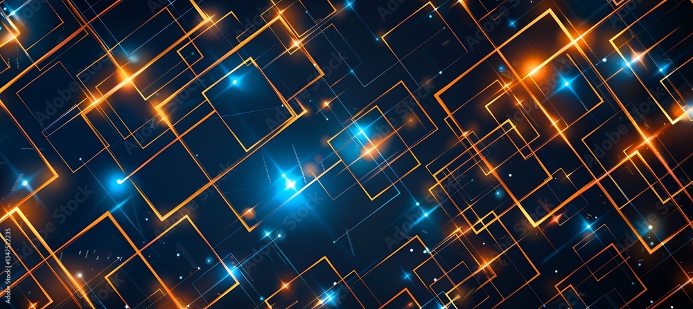 Poster backdrop featuring intersecting squares with neon blue and orange accents – empty template for web b