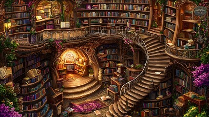 Fototapeta premium Enchanted, winding library with bookshelves, spiral staircase, and warm light