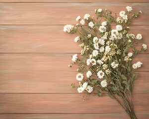 White Flowers on Wooden Background.