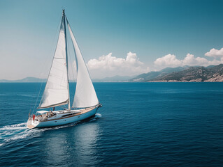 Fototapeta premium a yacht with big white sails on the high seas with a man on board