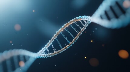 A glowing DNA double helix structure with detailed base pairs highlighted, representing genetic information, biotechnology, and molecular biology research, set against a dark background