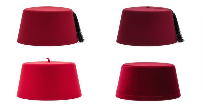 Various red fez hats offering different styles on white backdrop studio shot
