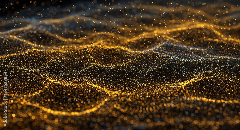 Poster golden particles flowing wavy lines dark abstract shimmering bokeh effect