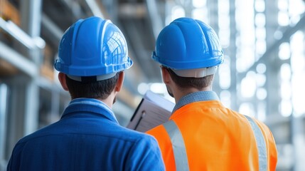 Two male engineers in helmets and safety uniforms inspecting industrial facility. Concept of construction, infrastructure, teamwork, engineering, and modern urban development