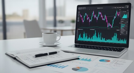 Analyzing market trends with financial graphs and a coffee in a modern workspace