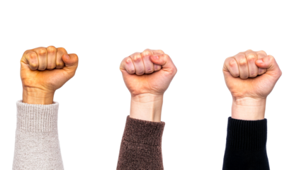 Three raised fists symbolizing solidarity and strength, cut out transparent